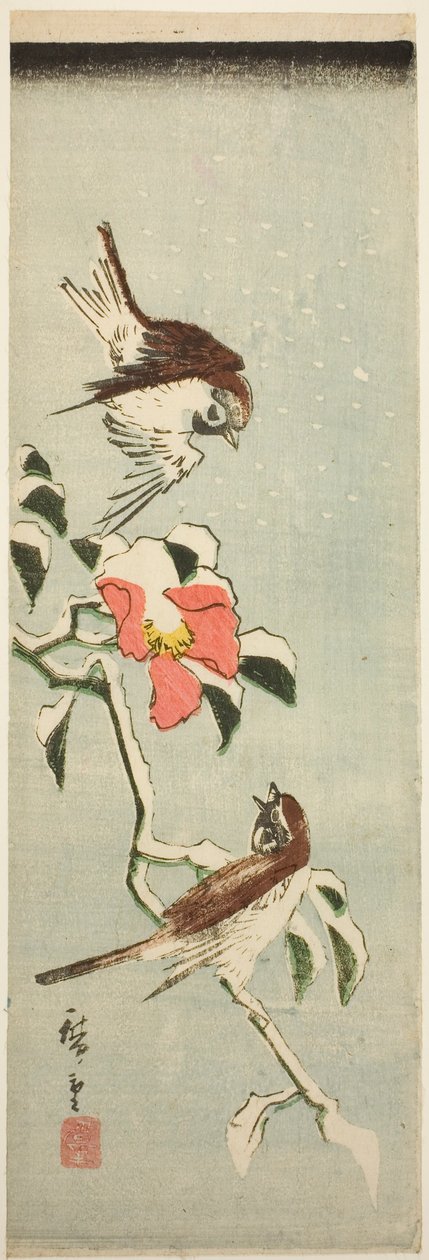 Varpuset ja kamelia lumessa tekijältä Utagawa Hiroshige