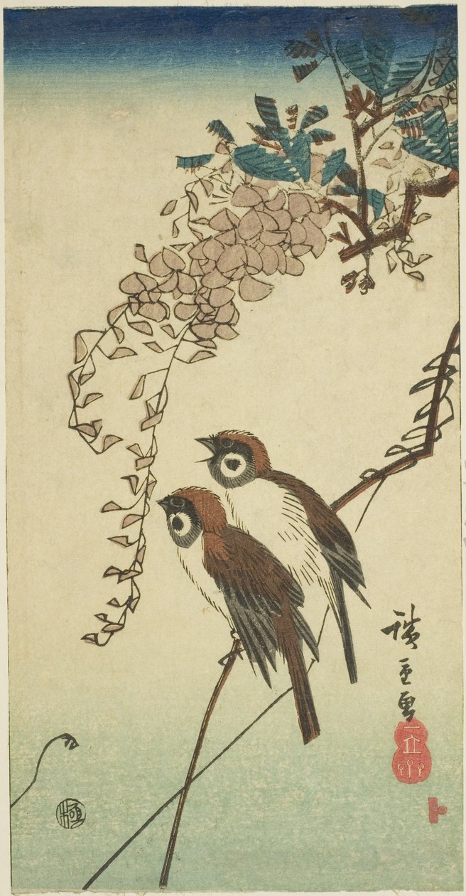 Varpuset ja wisteria tekijältä Utagawa Hiroshige
