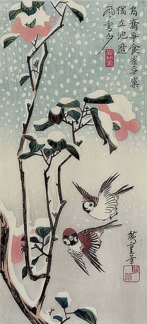 Varpuset ja kameliat lumessa tekijältä Utagawa Hiroshige