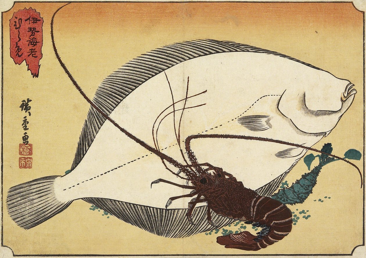 Hummeri ja kampela, 1800-luvun alku tekijältä Utagawa Hiroshige