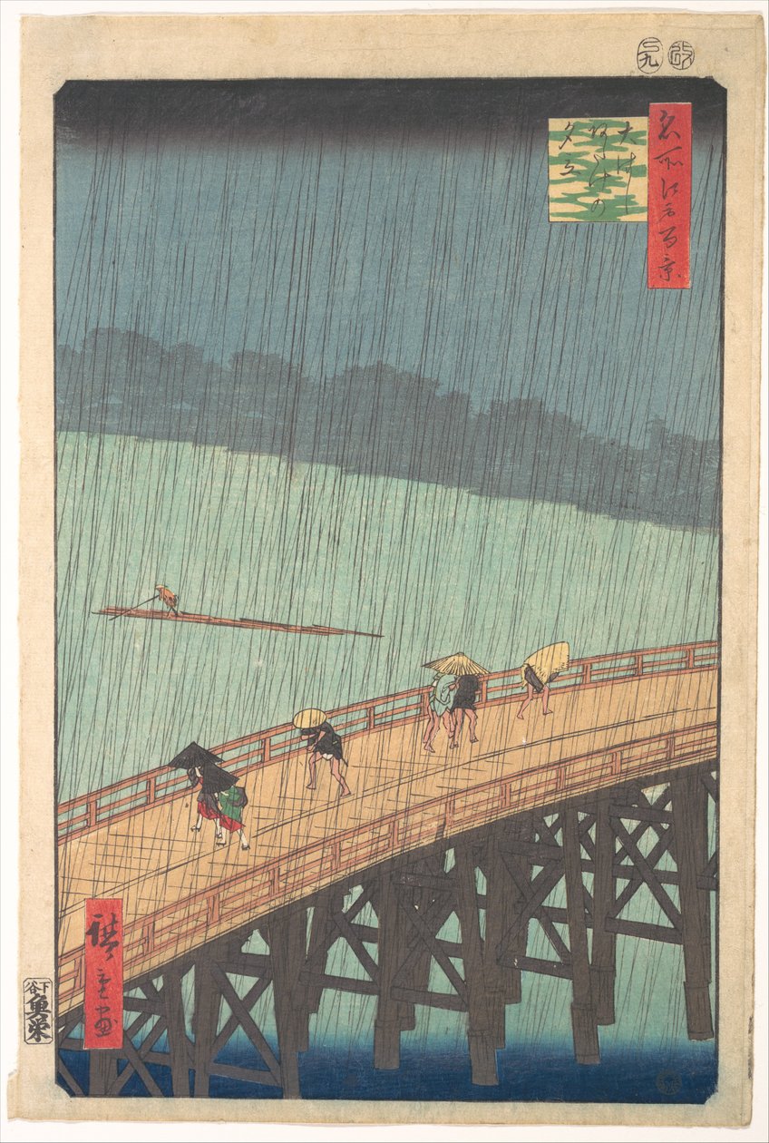 Äkillinen sadekuuro Shin-Ōhashin sillan ja Ataken yllä (Ōhashi Atake no yūdachi), sarjasta Edon sata kuuluisaa näkymää (Meisho Edo hyakkei) tekijältä Utagawa Hiroshige