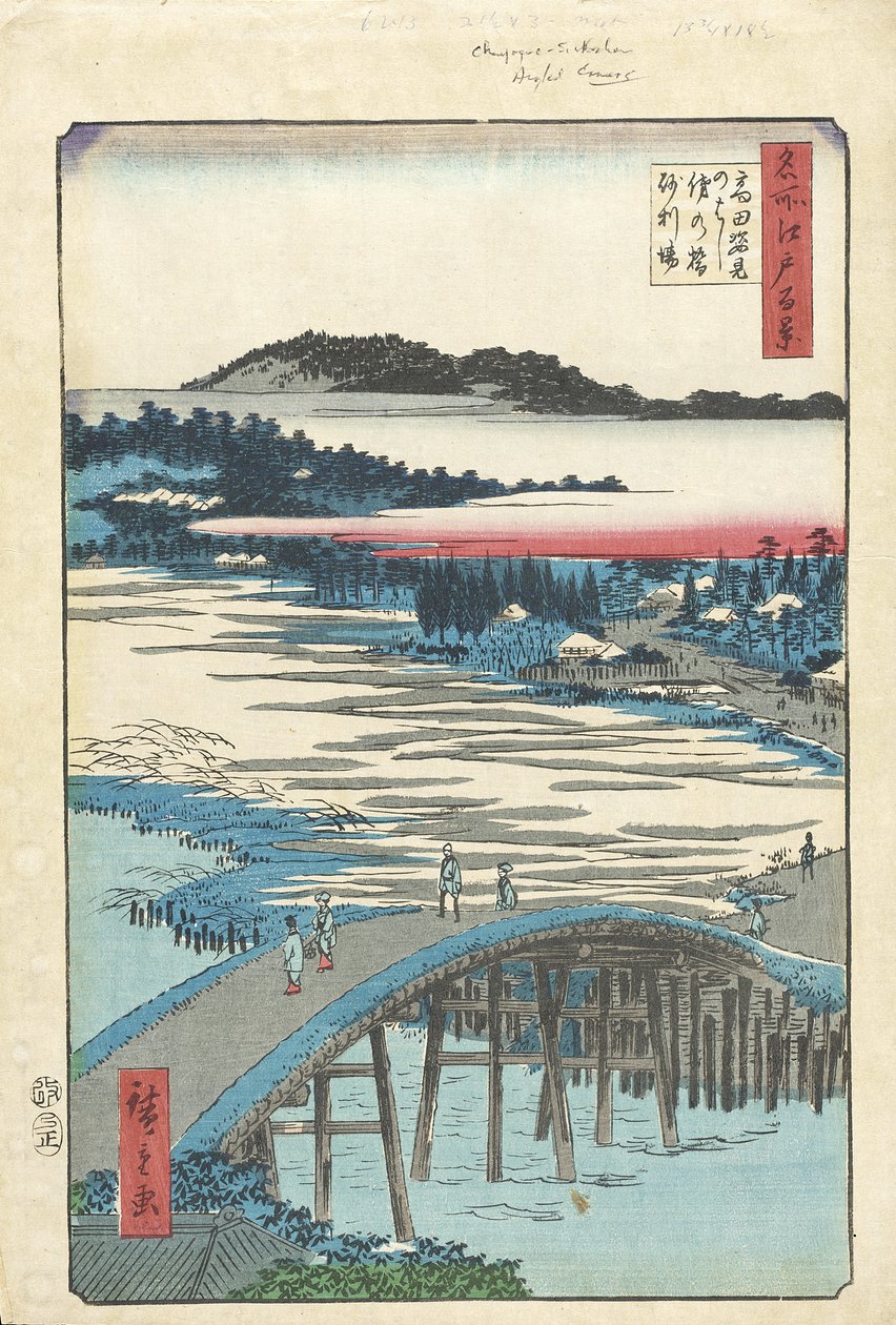 Sugatamin silta, Omokagen silta ja Jariba Takatassa tekijältä Utagawa Hiroshige