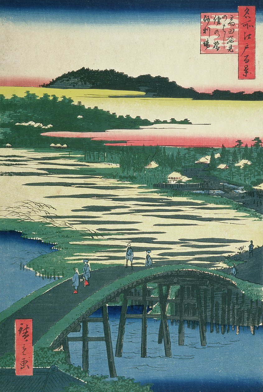 Sugatami-silta, Omokagen silta ja Jariba Takatassa, sarjasta "Sata kuuluisaa Edon näkymää", 1857 (värillinen puupainatus) tekijältä Utagawa Hiroshige