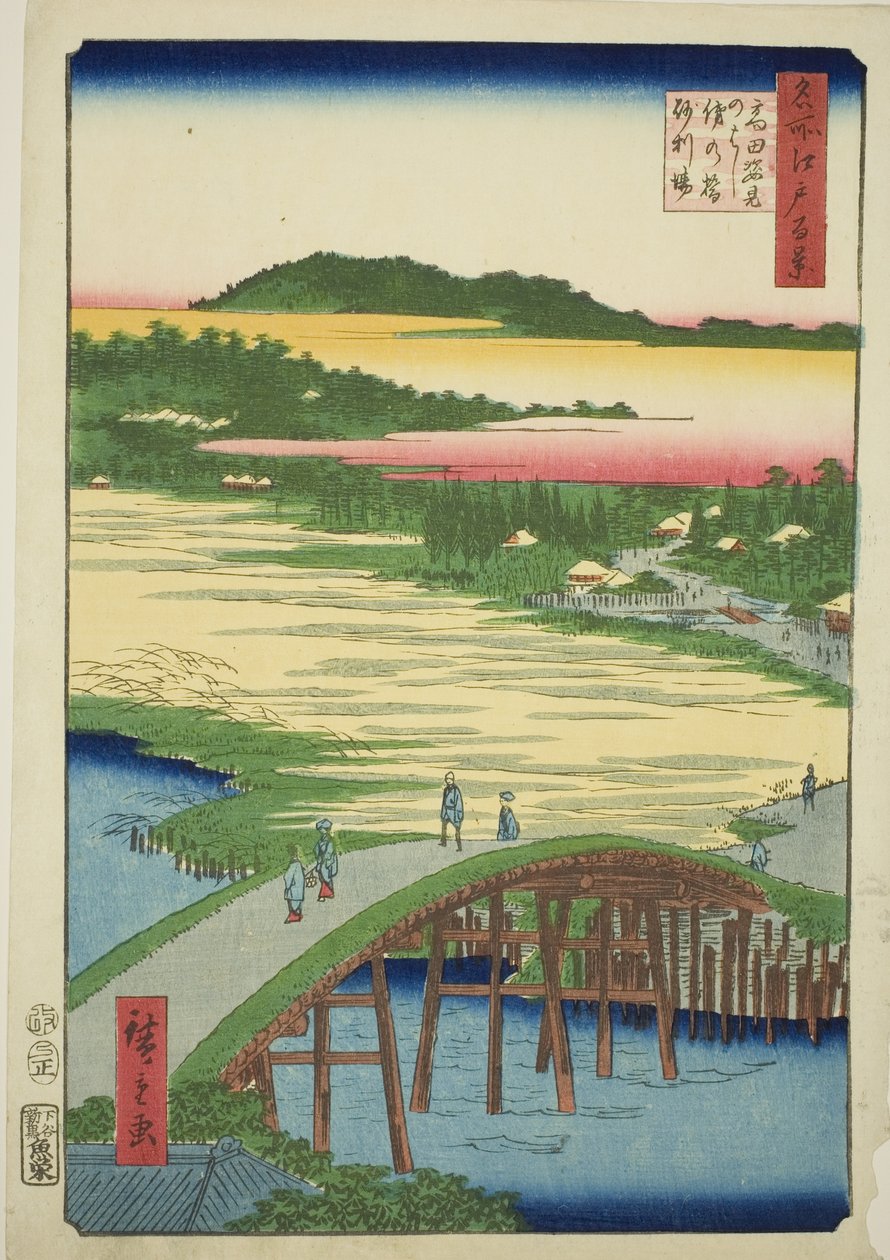 Sugatami-silta, Omokagen silta ja Takatan sorakuoppa (Takata Sugataminohashi Omokagenohashi jariba), sarjasta "Sata kuuluisaa näkymää Edosta (Meisho Edo hyakkei)" tekijältä Utagawa Hiroshige