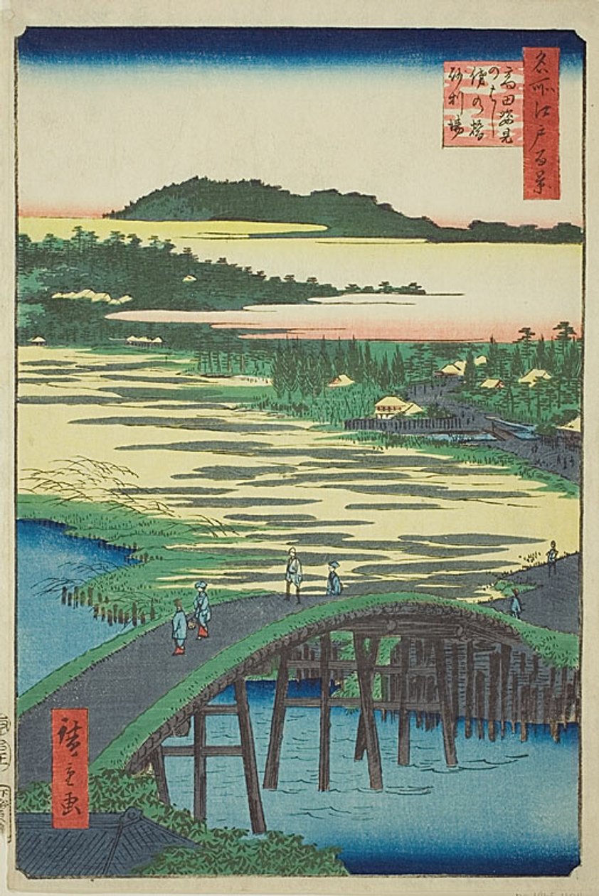 Sugatamin silta, Omokagen silta ja sorakuoppa Takatassa (Takata Sugataminohashi Omokagenohashi jariba), nro 116 sarjasta "Sata kuuluisaa näkymää Edosta (Meisho Edo hyakkei)". tekijältä Utagawa Hiroshige