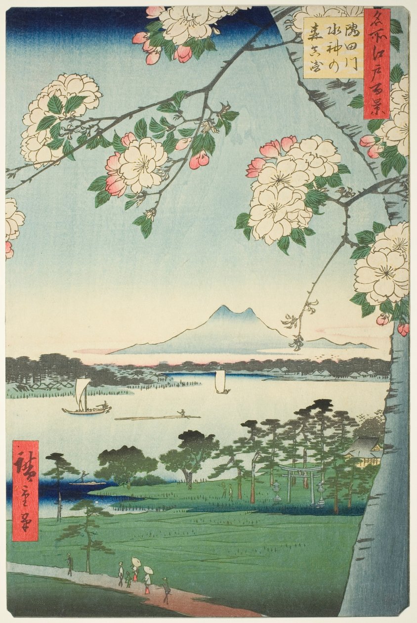 Suijin Shrine luonnos d ensimmäinen ääni te sumida rive r (sumida joki suijin no mori ensin), te-sarjasta `` Ridge d red fa net s views f edo (sata näkymää Edoon)