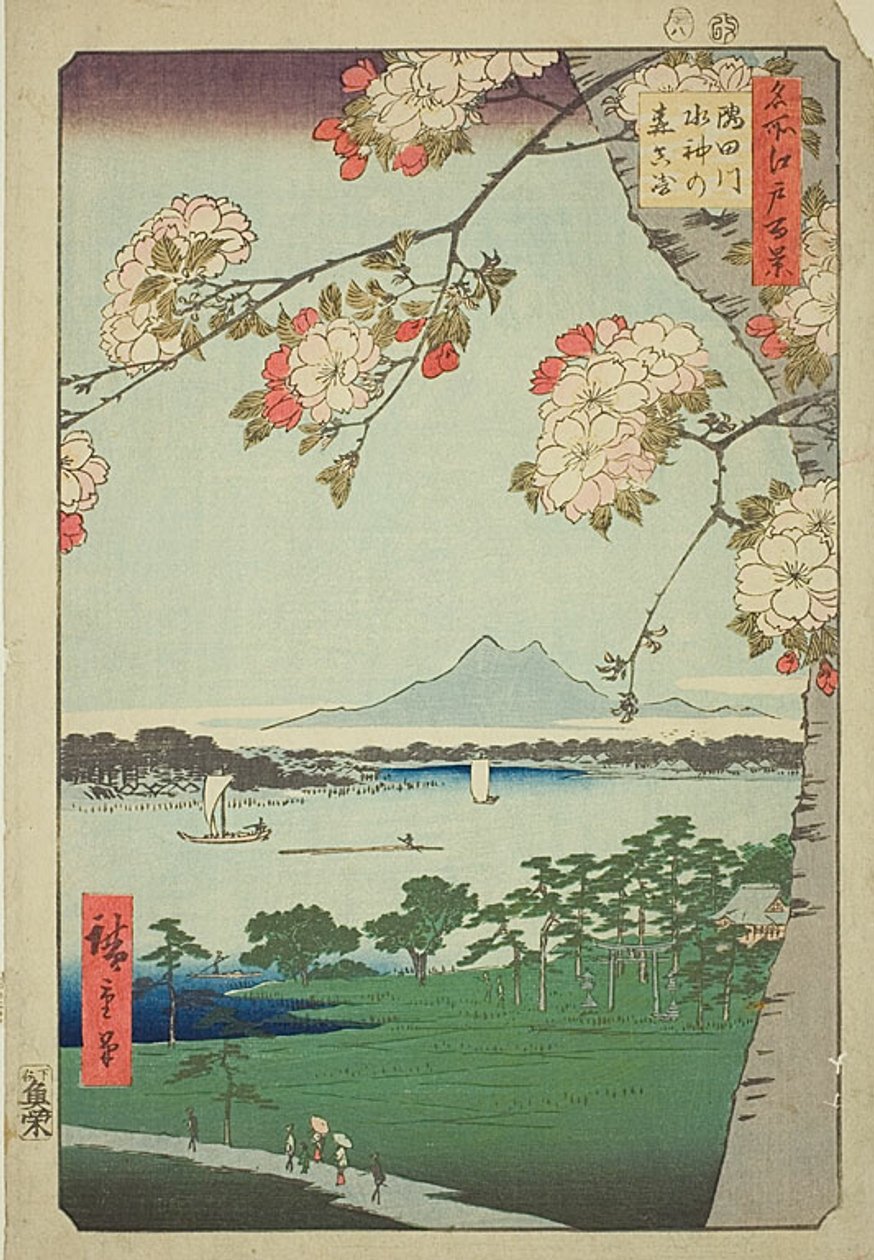 Suijinin pyhäkkö ja Massaki Sumida-joen varrella (Sumidagawa Suijin no mori Massaki), nro 35 sarjasta "Sata kuuluisaa näkymää Edosta (Meisho Edo hyakkei)". tekijältä Utagawa Hiroshige