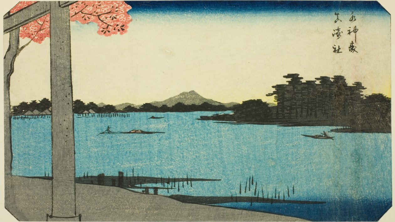 Suijin Woods and the Shrine at Massaki (Suijin no mori, Massaki yashiro), osa arkkia sarjasta "Kuvia kuuluisista paikoista Edossa (Edo meisho harimaze zue)" tekijältä Utagawa Hiroshige