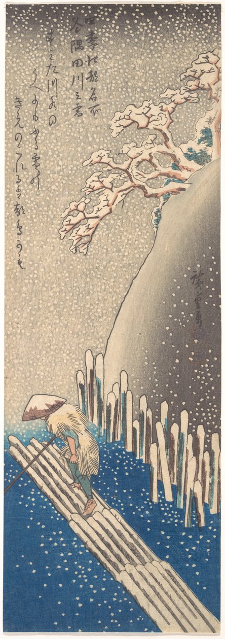 Sumidajoki lumessa, sarjasta "Edon kuuluisia paikkoja neljänä vuodenaikana" tekijältä Utagawa Hiroshige