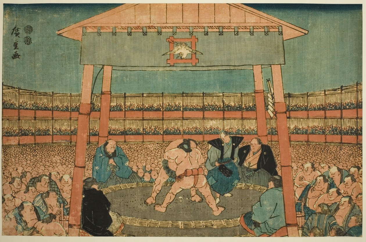Sumo Match in the Precints of the Ekoin Temple (Ekoin keidai sumo no zu), sarjasta "Ryogoku itäpääkaupungissa (Toto Ryogoku)" tekijältä Utagawa Hiroshige