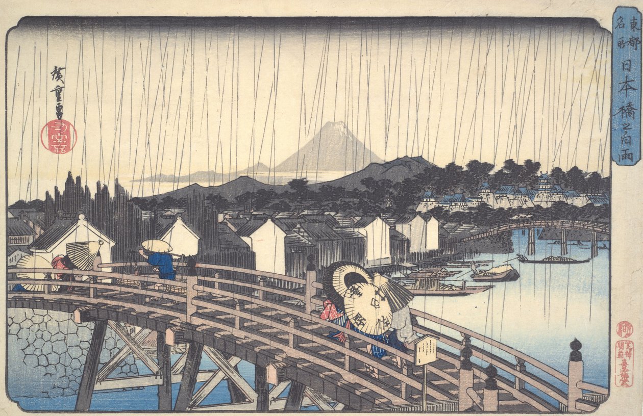 Aurinkosade Nihonbashissa sarjasta "Kuuluisia paikkoja itäisessä pääkaupungissa" tekijältä Utagawa Hiroshige