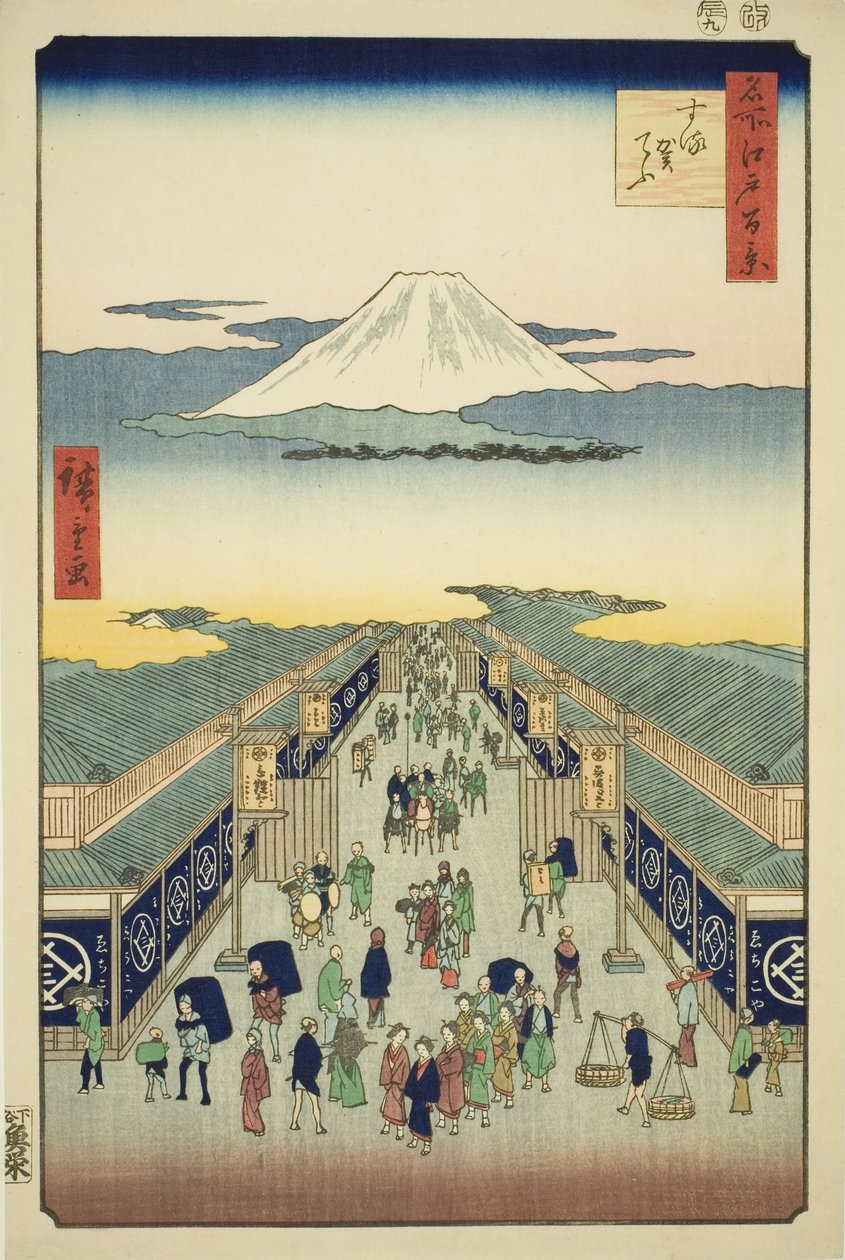 Kirjoittaja Suruga, sarjasta "Ridge dre d fa net s view ws of Edo (Sata kuuluisaa näkymää Edosta)" tekijältä Utagawa Hiroshige