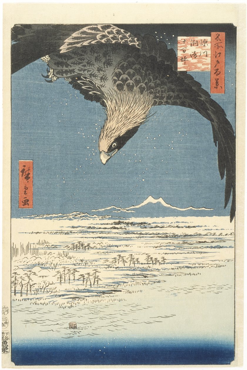 Susaki ja Jmantsubon tasango lähellä Fukagawaa sarjasta Sata kuuluisaa näköalaa Edosta, 1857 (värillinen puupalikkapainatus) tekijältä Utagawa Hiroshige