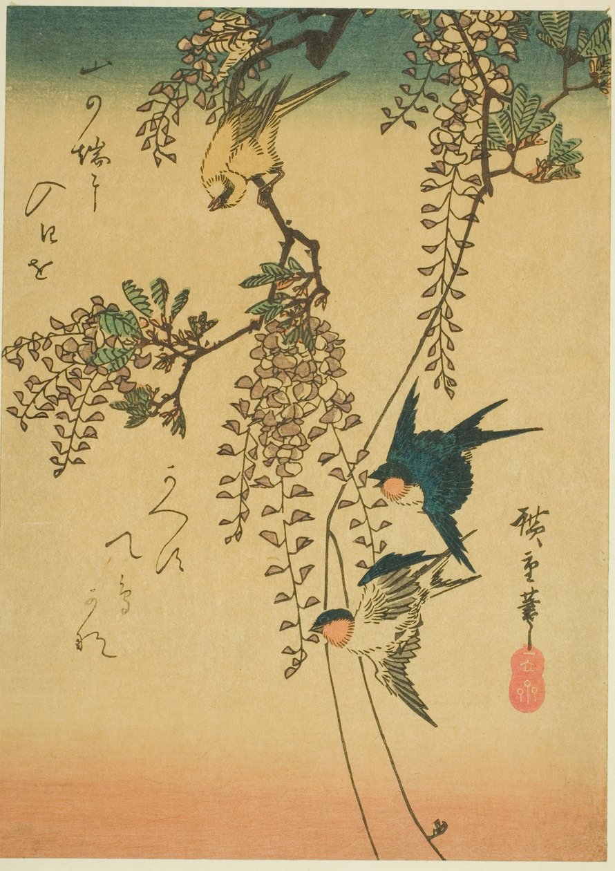 Pääskynen, keltainen lintu ja wisteria tekijältä Utagawa Hiroshige