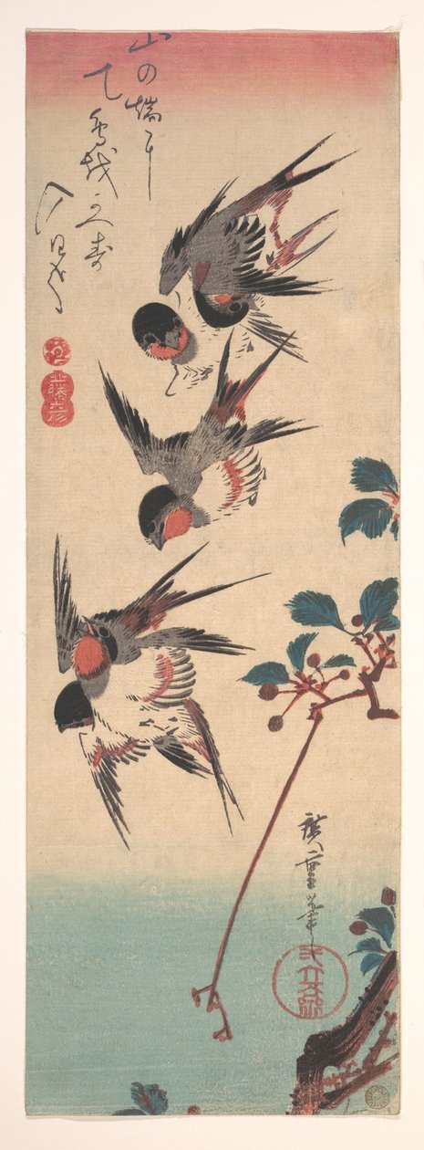 Schwalben und Wildkirsche tekijältä Utagawa Hiroshige