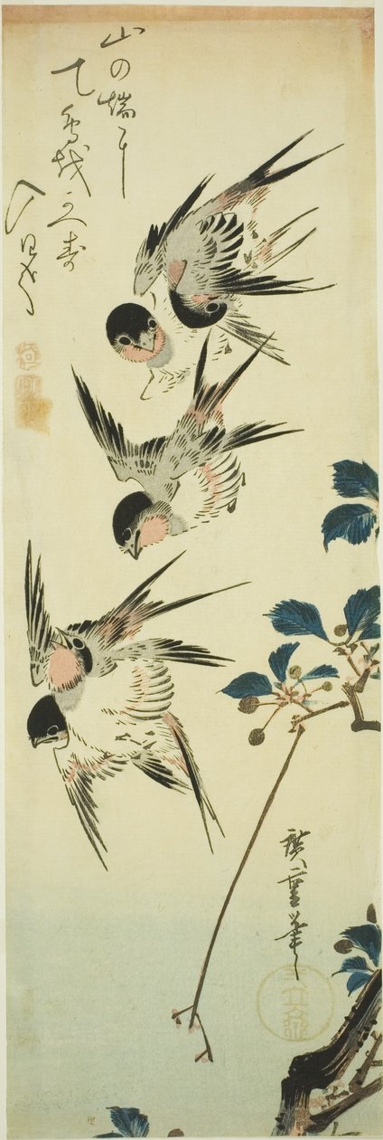 Pääskyset ja kukkiva oksa tekijältä Utagawa Hiroshige