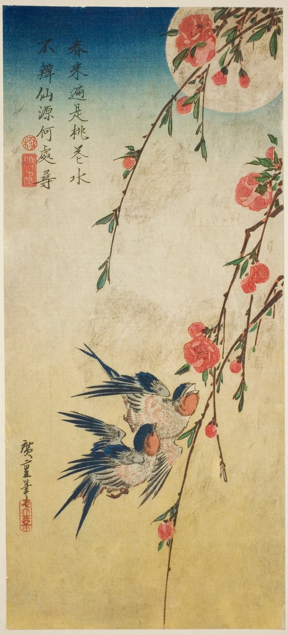 Pääskyset, kaljakukat ja täysikuu tekijältä Utagawa Hiroshige