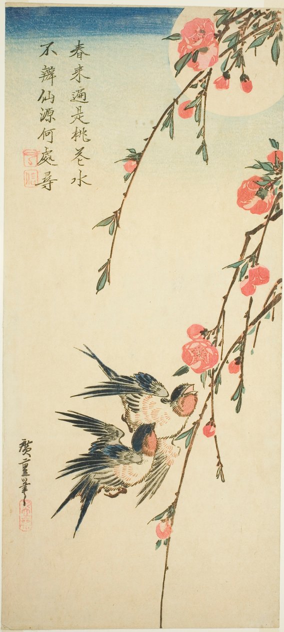 Pääskyset, kaljakukat ja täysikuu tekijältä Utagawa Hiroshige