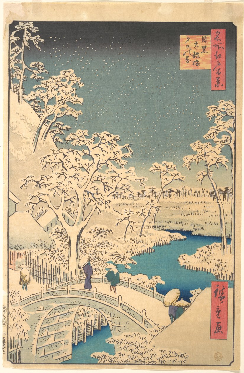 Taiko-silta, Meguro, lumisena iltana tekijältä Utagawa Hiroshige