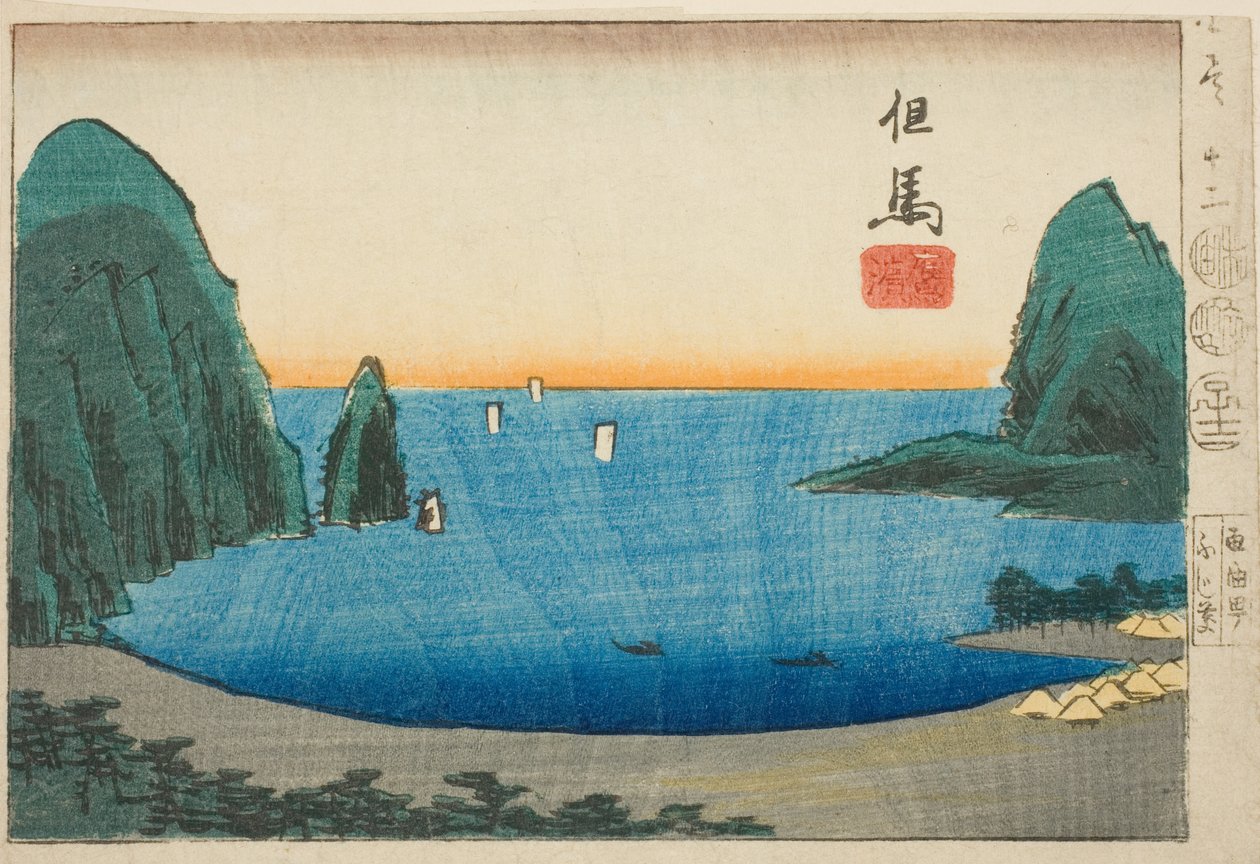 Takanohama Tajimassa, osa arkista nro. 12 sarjasta "Cutout Pictures of the Provinces (Kunizukushi harimaze zue)" tekijältä Utagawa Hiroshige