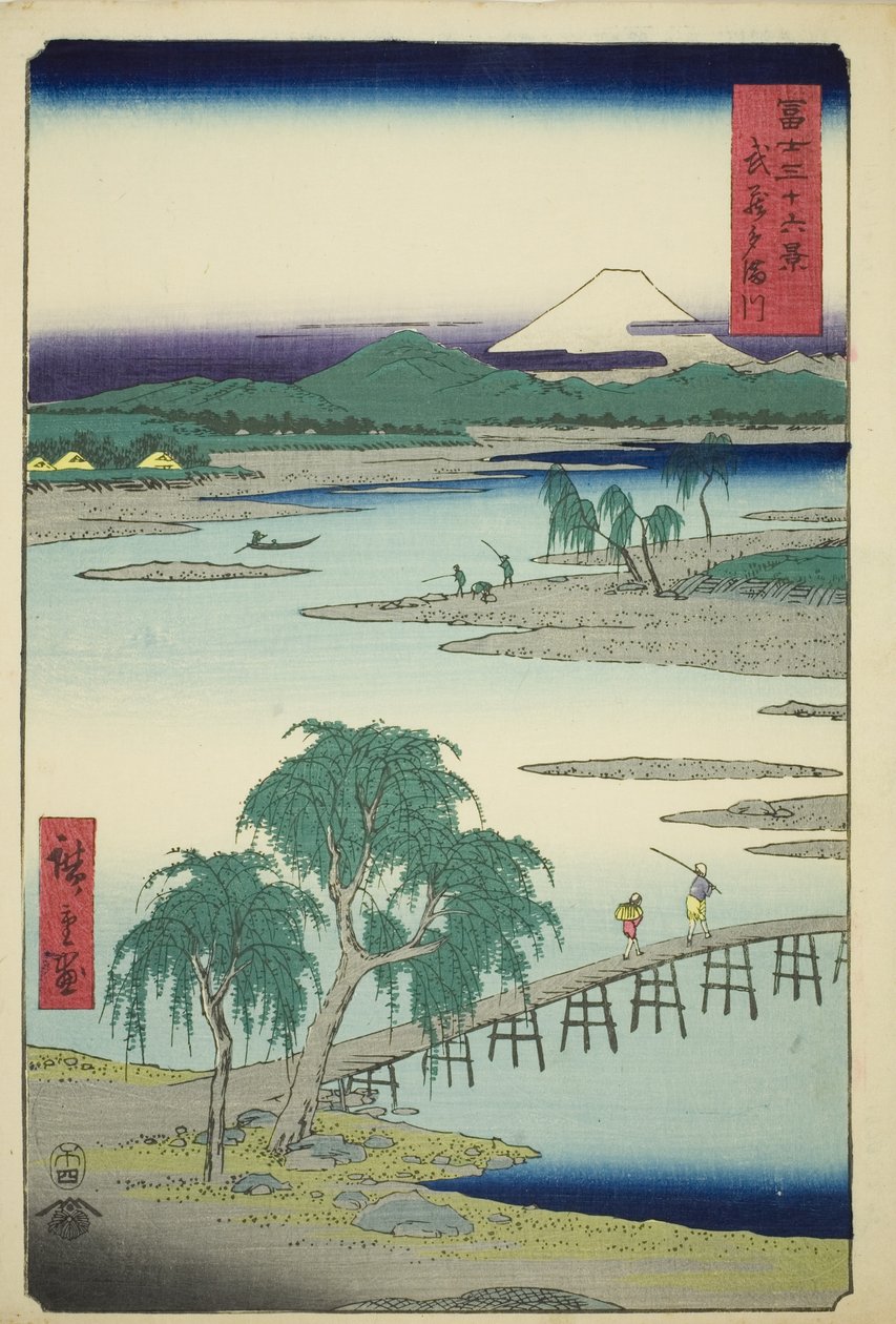 Tama-joki Musashin maakunnassa (Musashi Tamagawa), sarjasta "Kolmekymmentäkuusi näkymää Fuji-vuorelle (Fuji sanjurokkei)" tekijältä Utagawa Hiroshige