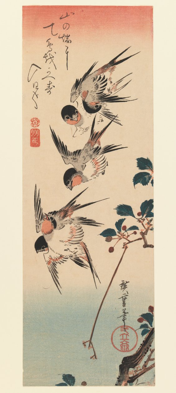 Tanzaku, neljä pääskystä, 1832 (värillinen puupainatus) tekijältä Utagawa Hiroshige