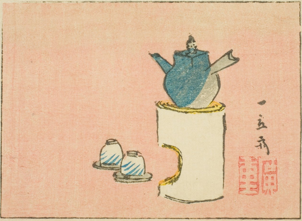 Teekannu ja kupit, osa arkista nimettömästä harimaze-kuviosarjasta tekijältä Utagawa Hiroshige