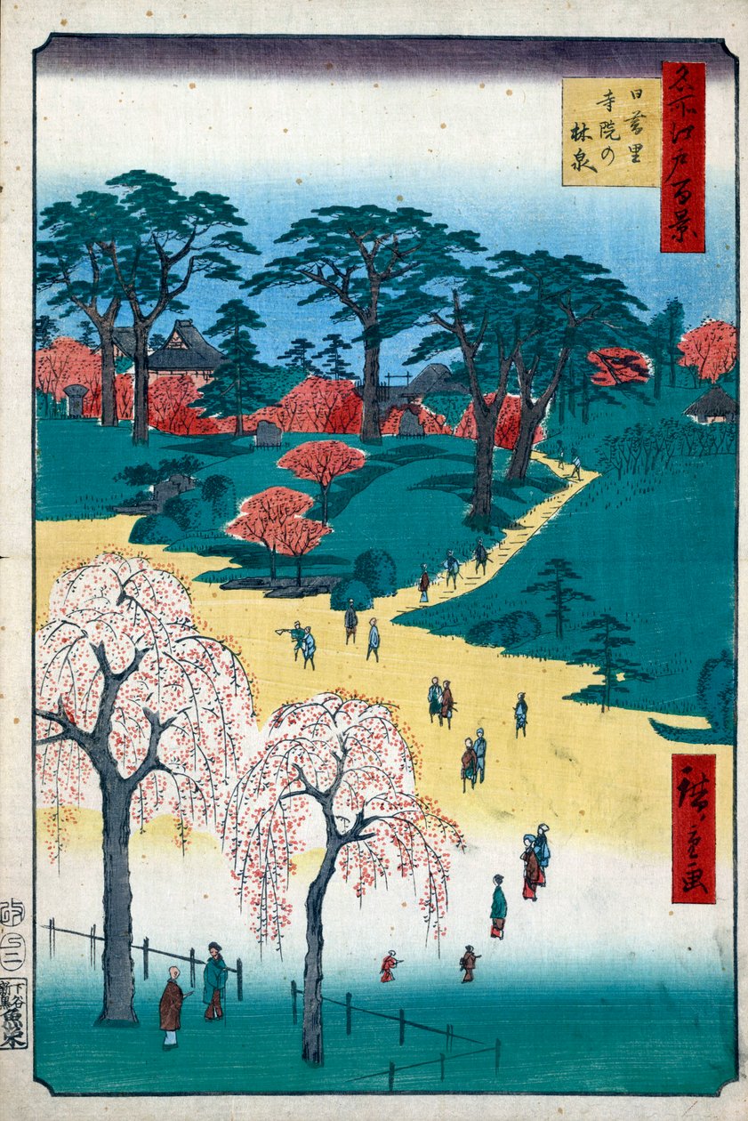 Temppelipuutarha Nipporissa Sata kuuluisaa näkymää Edosta, 1856-1858. tekijältä Utagawa Hiroshige