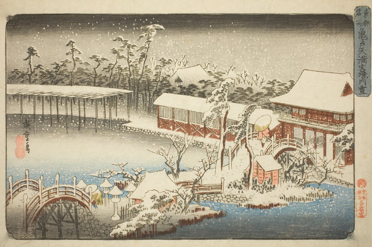 Tenman-pyhäkön yhdiste Kameidossa lumessa (Kameido Tenmangu keidai no yuki), sarjasta "Itäisen pääkaupungin kuuluisia paikkoja (Toto meisho)" tekijältä Utagawa Hiroshige