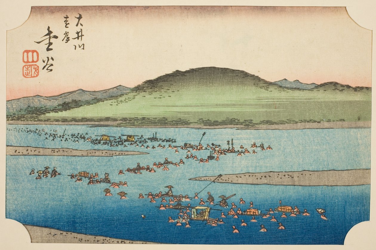 Oi-joen kaukainen ranta Kanayassa (Oigawa engan, Kanaya), arkin nro. 6 sarjasta "Cutout Pictures of the Tokaido (Tokaido harimaze zue)" tekijältä Utagawa Hiroshige