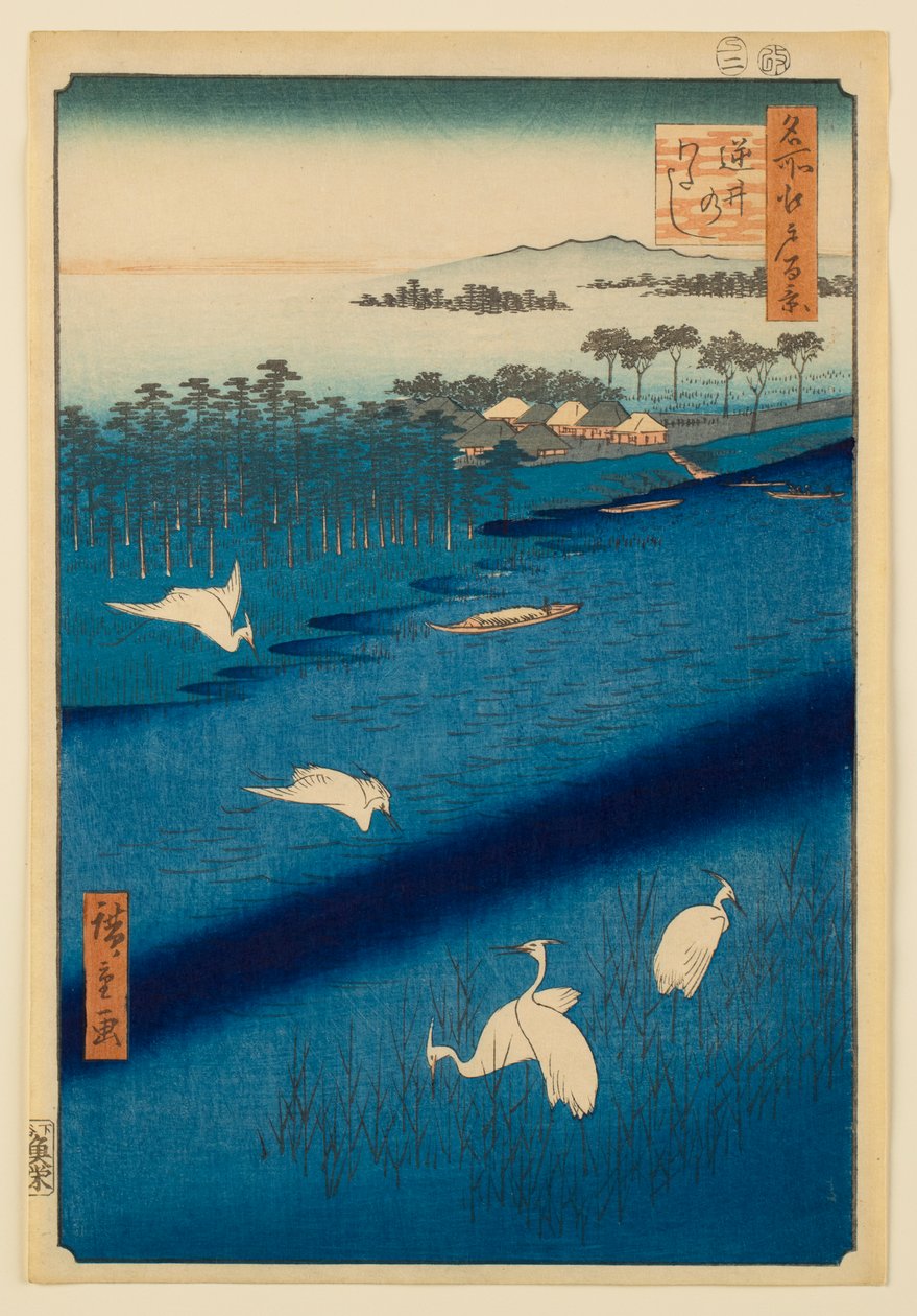 Lauttamatka Sakasaissa, sarjasta "Edon sata kuuluisaa näkymää" tekijältä Utagawa Hiroshige