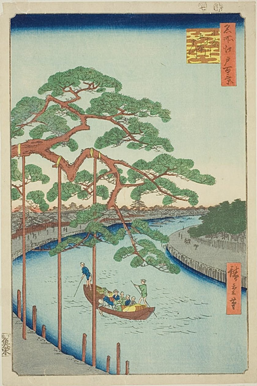 The Five Pines on the Onagi River (Onagigawa Gohonmatsu), nro 97 sarjasta "One Hundred Famous Views of Edo (Meisho Edo hyakkei)". tekijältä Utagawa Hiroshige