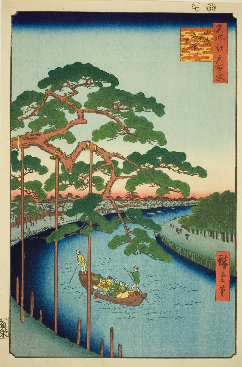 Viisi mäntyä Onagi-joella (Onagigawa Gohonmatsu), sarjasta "Sata kuuluisaa näkymää Edosta (Meisho Edo hyakkei)" tekijältä Utagawa Hiroshige