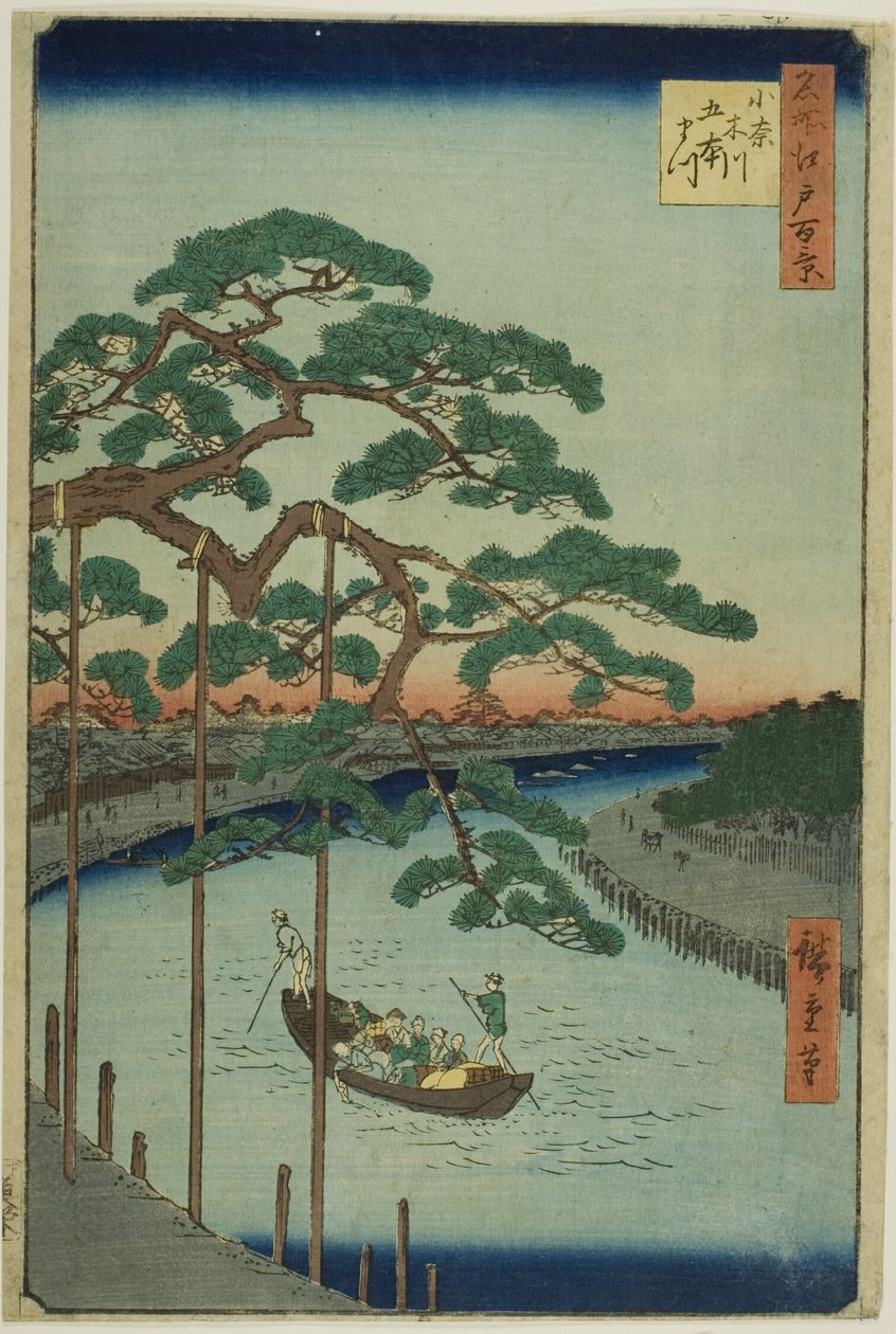 Viisi mäntyä Onagi-joen varrella (Onagigawa Gohonmatsu), sarjasta "Sata kuuluisaa näkymää Edosta (Meisho Edo hyakkei)". tekijältä Utagawa Hiroshige