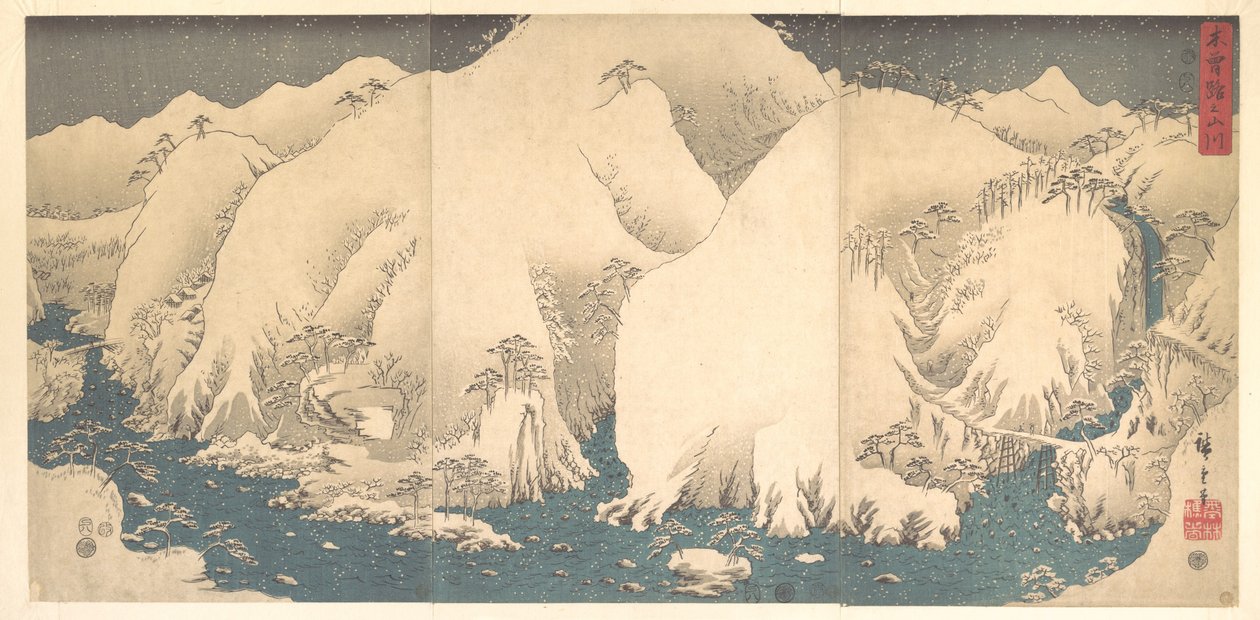 Kiso-vuoristo lumessa tekijältä Utagawa Hiroshige
