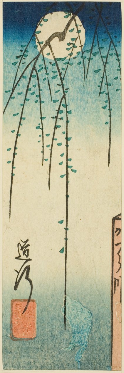 Michiyuki-kohtaus näytelmästä Ohan ja Choemon (Michiyuki, Ohan Choemon), osa arkista sarjasta "Draaman heijastuksia leikkeissä (Harimaze joruri kagami)" tekijältä Utagawa Hiroshige