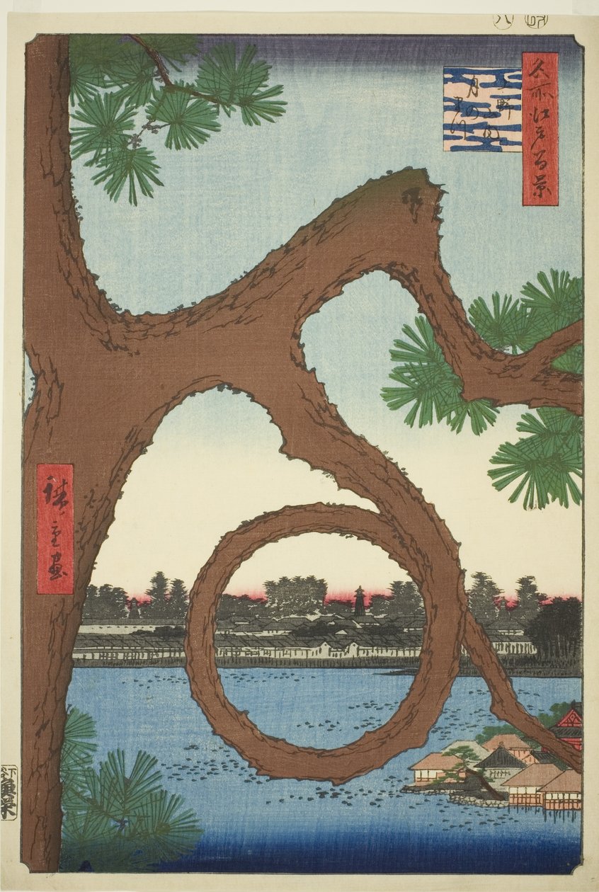 Kuumänty Uenon temppelin alueella (Ueno sannai Tsuki no matsu), sarjasta "Sata kuuluisaa näkymää Edosta (Meisho Edo hyakkei)" tekijältä Utagawa Hiroshige