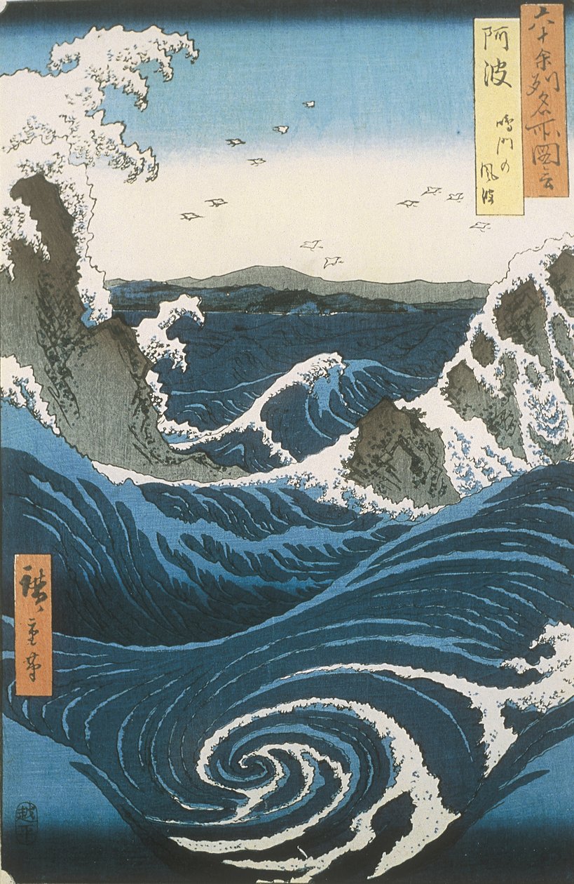 Naruto porealtaa Awan maakunnassa. Sarjasta Famous Views of the 60-odd Provinces, n. 18 tekijältä Utagawa Hiroshige
