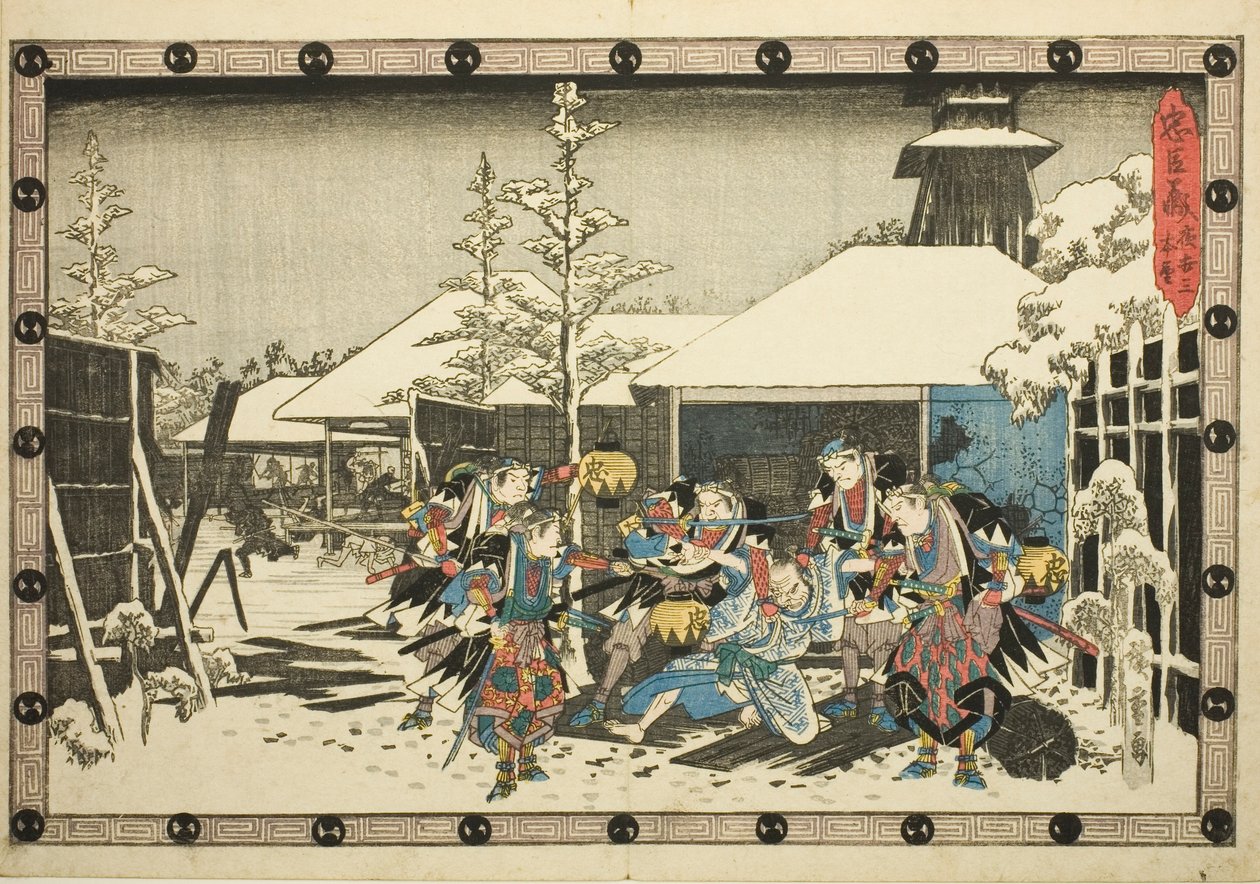 The Night Attack, osa 3: Tehtävä suoritettu (Youchi san, honmo), sarjasta "The Revenge of the Loyal Retainers (Chushingura)" tekijältä Utagawa Hiroshige