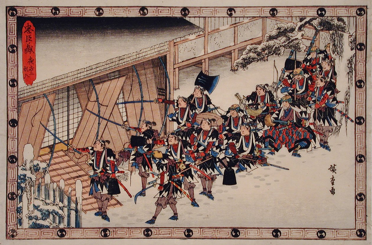 Yöhyökkäys, toinen jakso: Rōninit tunkeutuvat taloon tekijältä Utagawa Hiroshige