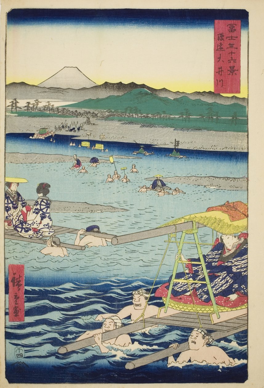 Oi-joki Surugan ja Totomin maakuntien välillä (Sun-En Oigawa), sarjasta "Kolmekymmentäkuusi näkymää Fuji-vuorelle (Fuji sanjurokkei)" tekijältä Utagawa Hiroshige