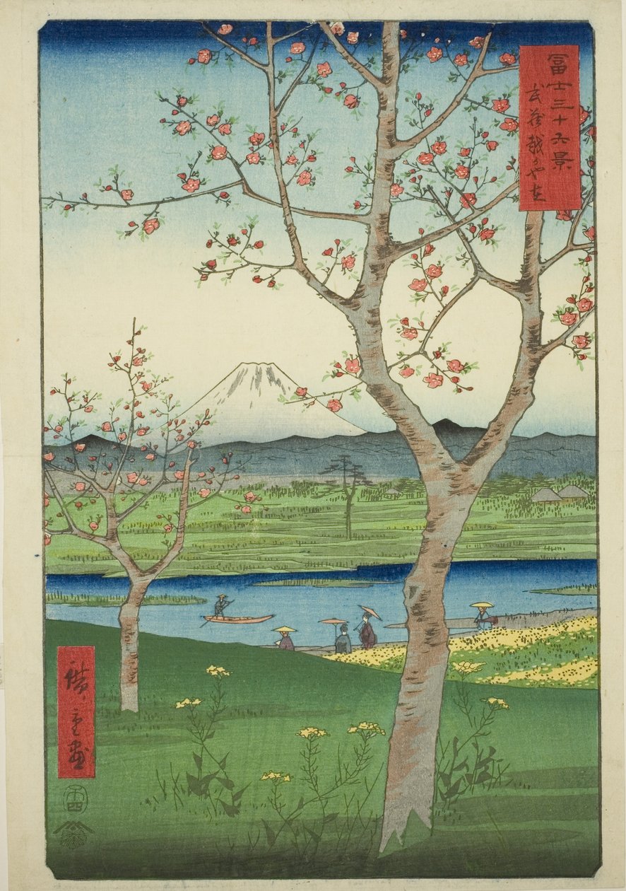 Koshigayan esikaupunki Musashin maakunnassa (Musashi Koshigaya zai), sarjasta "Kolmekymmentäkuusi näkymää Fuji-vuorelle (Fuji sanjurokkei)" tekijältä Utagawa Hiroshige