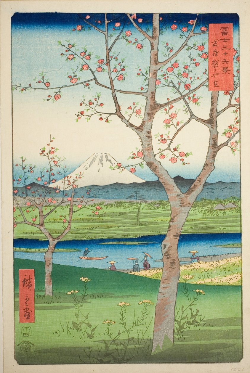 Koshigayan esikaupunki Musashin maakunnassa (Musashi Koshigaya zai), sarjasta "Kolmekymmentäkuusi näkymää Fuji-vuorelle (Fuji sanjurokkei)" tekijältä Utagawa Hiroshige