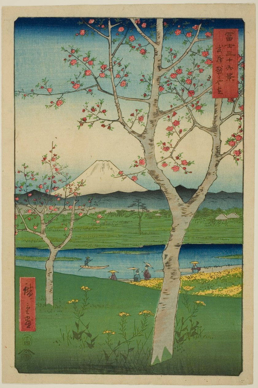 Koshigayan esikaupunki Musashin maakunnassa (Musashi Koshigaya zai), sarjasta "Kolmekymmentäkuusi näkymää Fuji-vuorelle (Fuji sanjurokkei)" tekijältä Utagawa Hiroshige