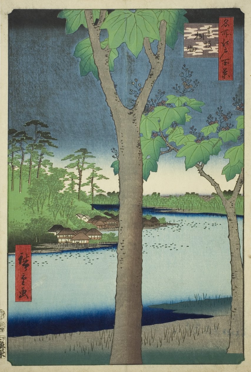 Te Paow nia Grove at Akasaka (Akasaka Kirihata), sarjasta ”Ridge for dre d Fa netin näkymät Edoon (Edon sata kuuluisaa nähtävyyttä)” tekijältä Utagawa Hiroshige