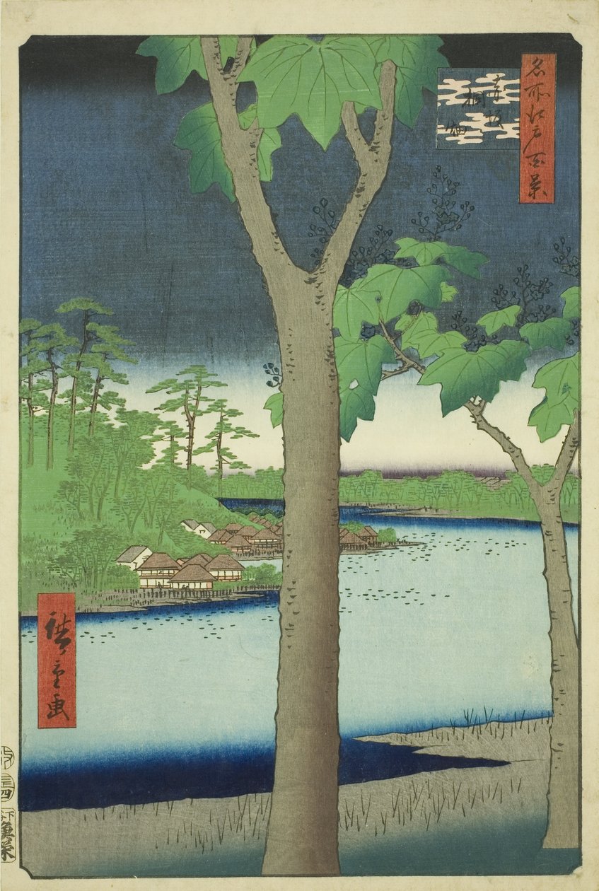 Te Paow nia Grove at Akasaka (Akasaka Kirihata), sarjasta "Ridge for dre d Fa netin näkymät Edoon (Edon sata kuuluisaa nähtävyyttä)" tekijältä Utagawa Hiroshige