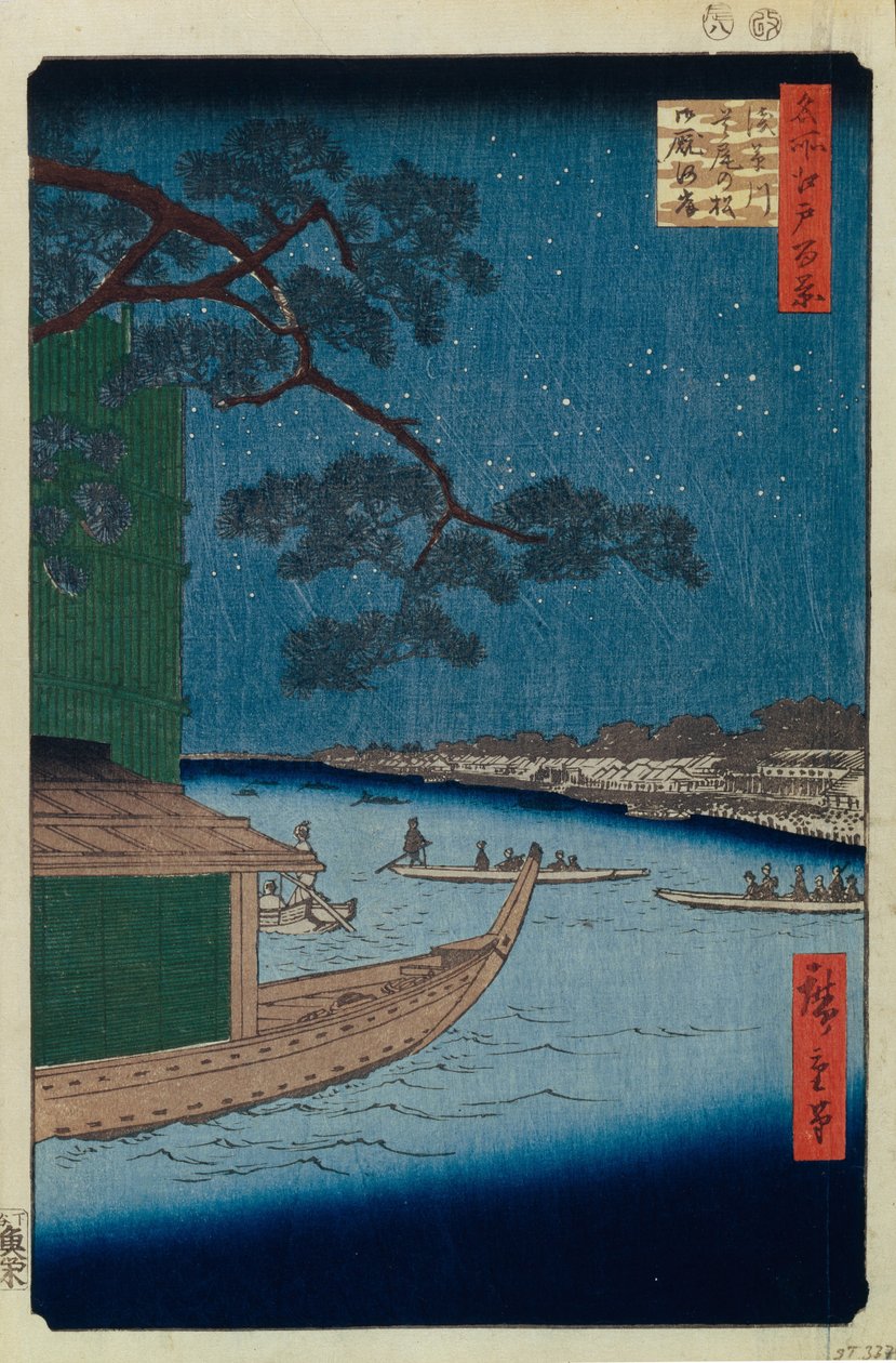 Menestyksen mänty ja Oumayagashi Asakusa-joella Sata kuuluisaa näkymää Edosta, 1856-1858 tekijältä Utagawa Hiroshige