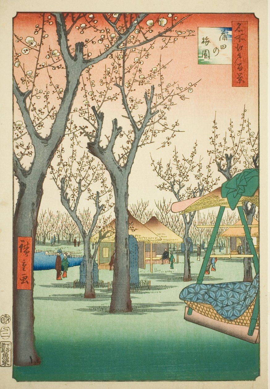The Plum Orchard at Kamata (Kamata no umezono), nro 27 sarjasta "One Hundred Famous Views of Edo (Meisho Edo hyakkei)". tekijältä Utagawa Hiroshige