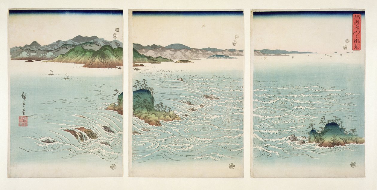 Naruton koski Awan maakunnassa, sarjasta "Lumi, kuu ja kukat", 1857 (puukiviprintti) tekijältä Utagawa Hiroshige