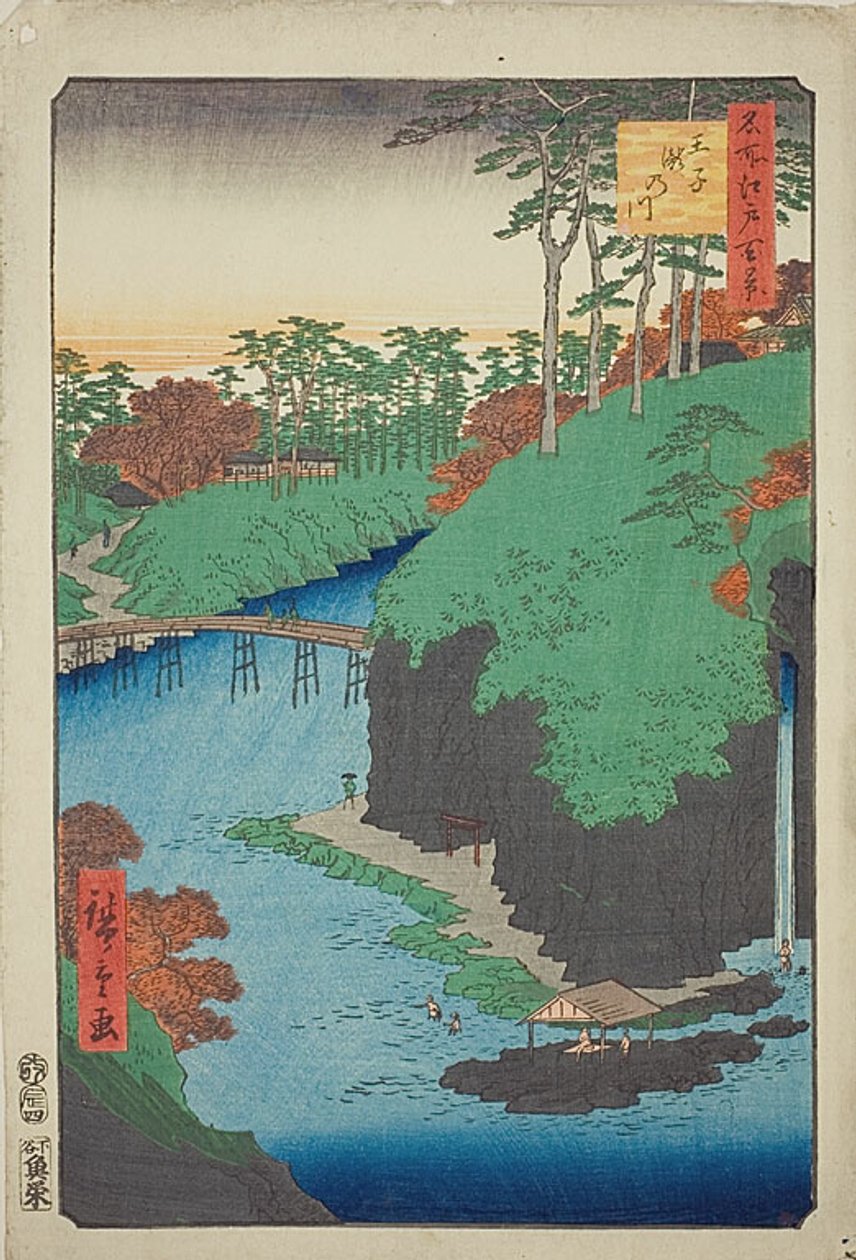 Vesiputousten joki Ojissa (Oji Takinogawa), nro 88 sarjasta "Sata kuuluisaa näkymää Edosta (Meisho Edo hyakkei)". tekijältä Utagawa Hiroshige